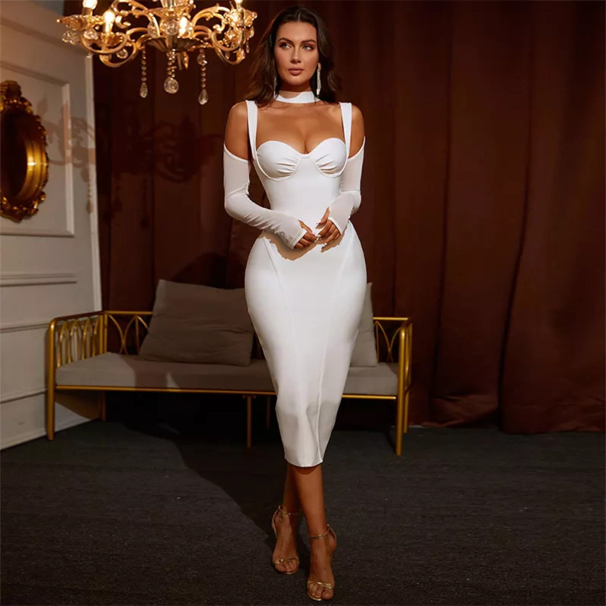 choker neck dress long sleeve Long Sleeve High Neck A-Line Open Back Boho Modest Wedding Dress HAREM's Brides