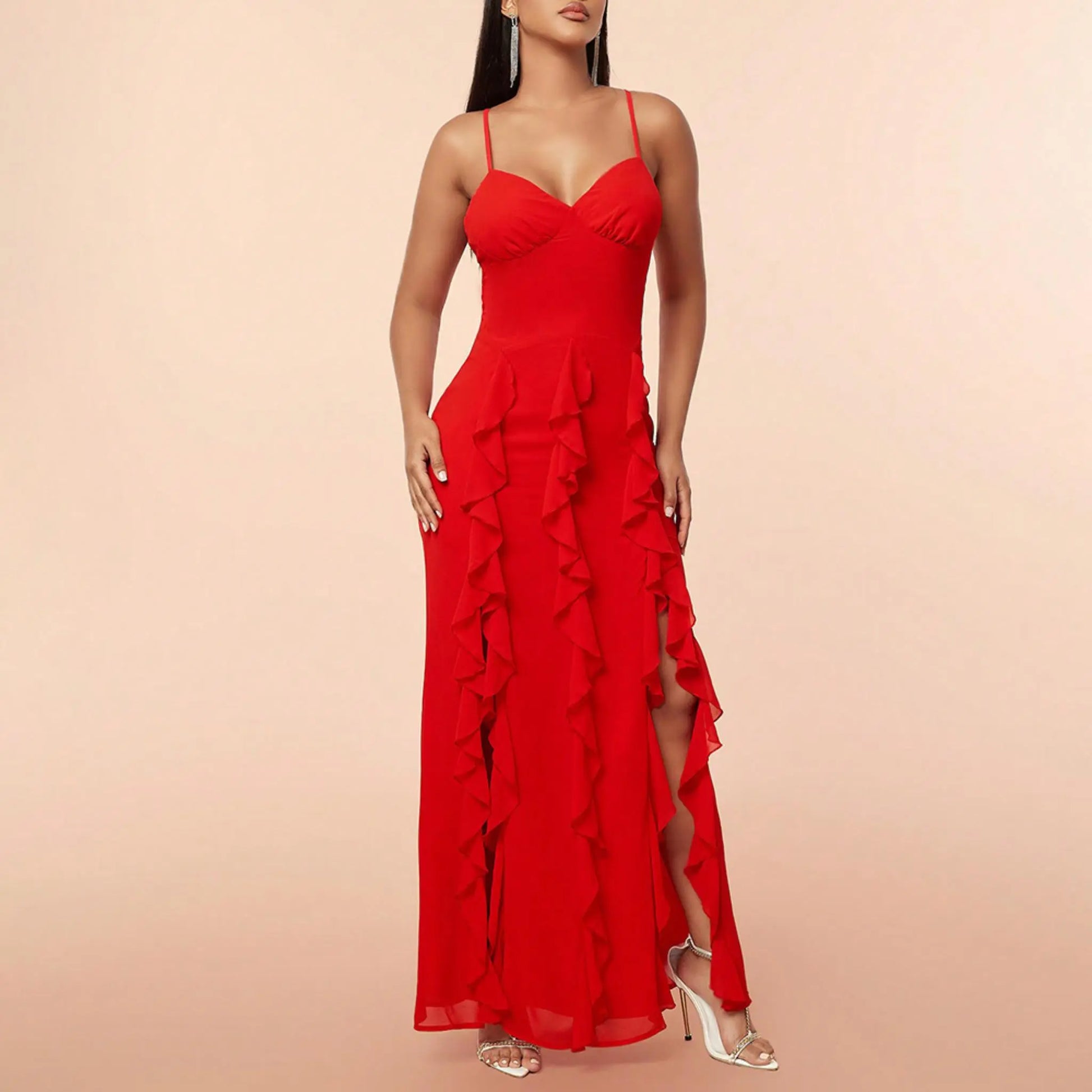 Mesh Ruffle Slit Dress Ruffle Slit Dress, get ready to turn heads- Uniquely Branded