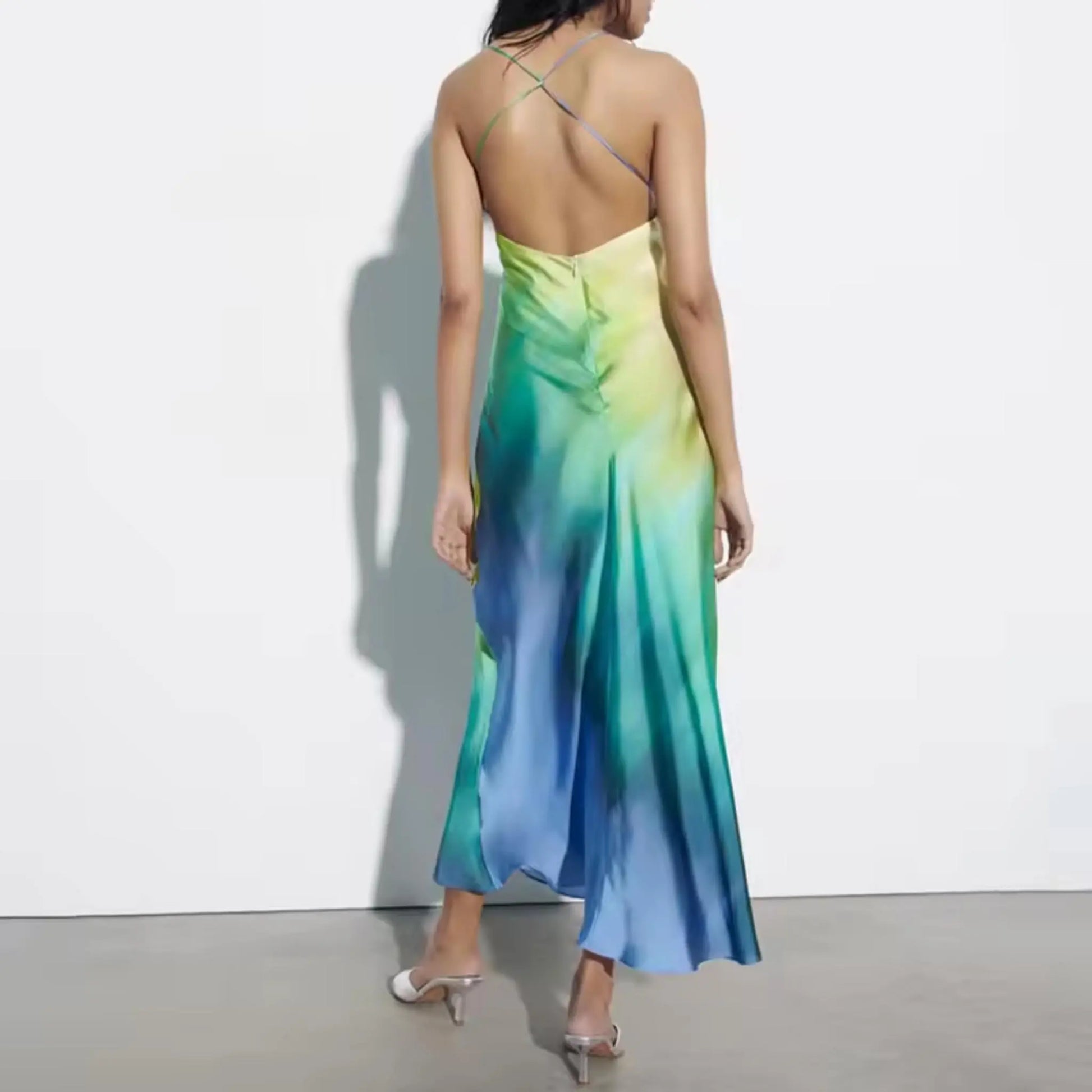 multicolor satin dress Ulla Johnson | Women's Georgia Satin Midi Dress in Blue/pink Multicolored Sleeveless Boat Neck Size 6 | Evening | Wedding Guest Dress