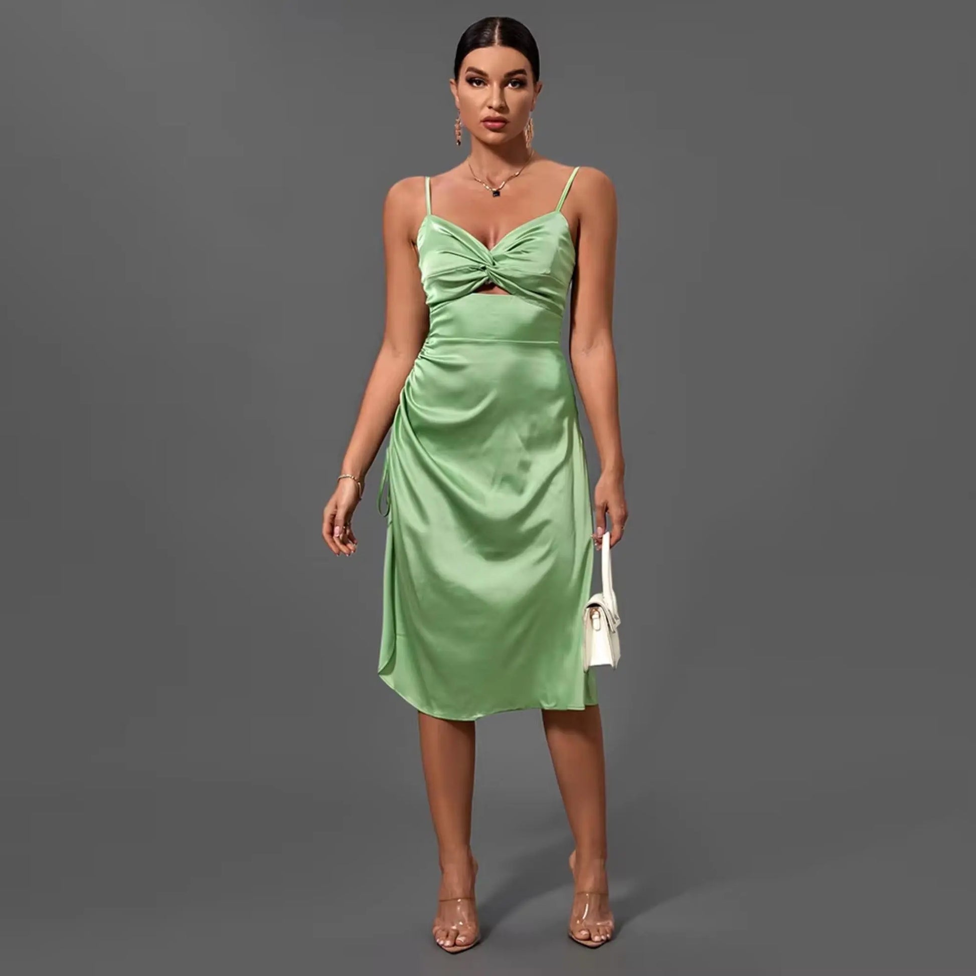 Satin Ruched Knot Dress - Uniquely Branded Satin Ruched Knot Dress - Uniquely Branded