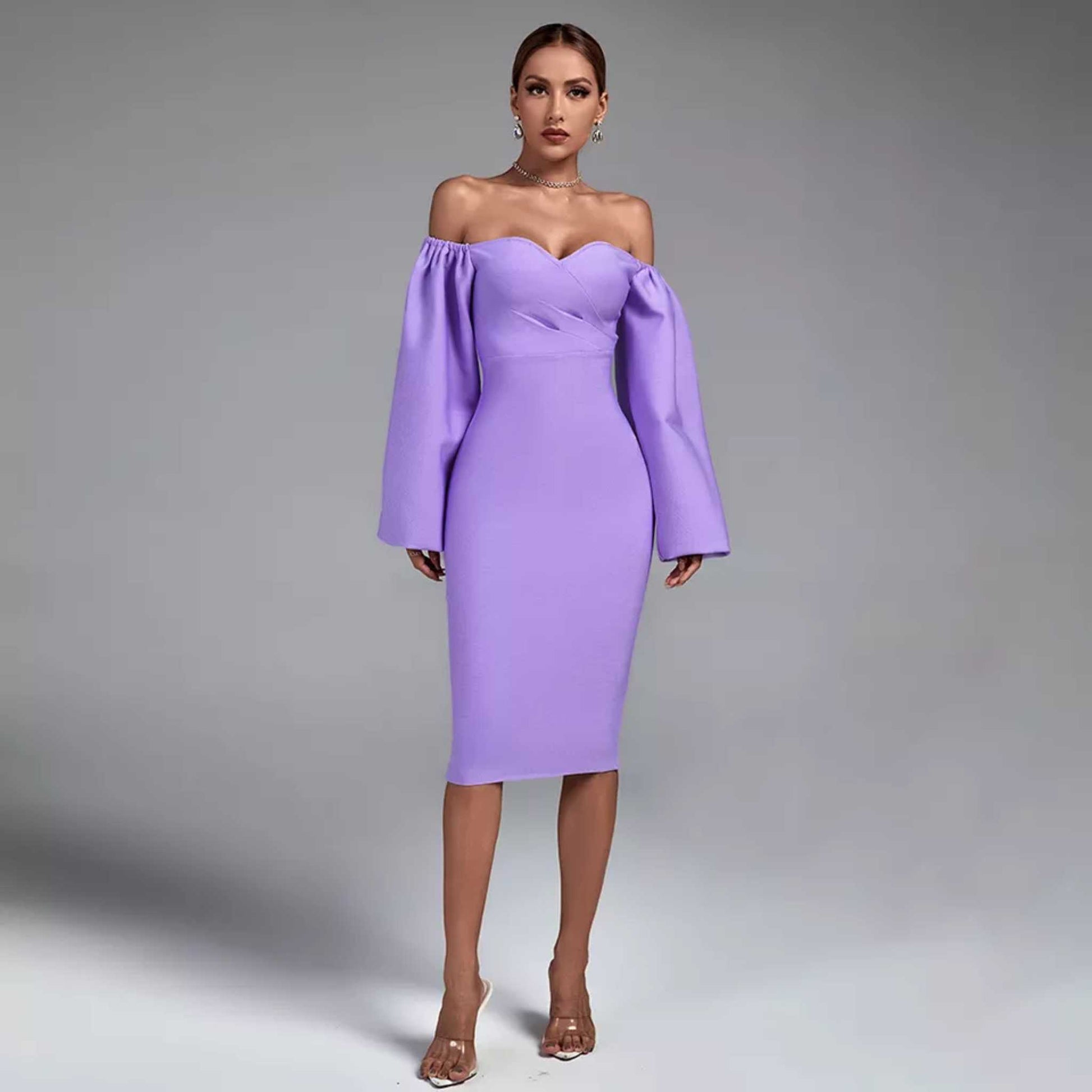 purple puff sleeve midi dress English Factory